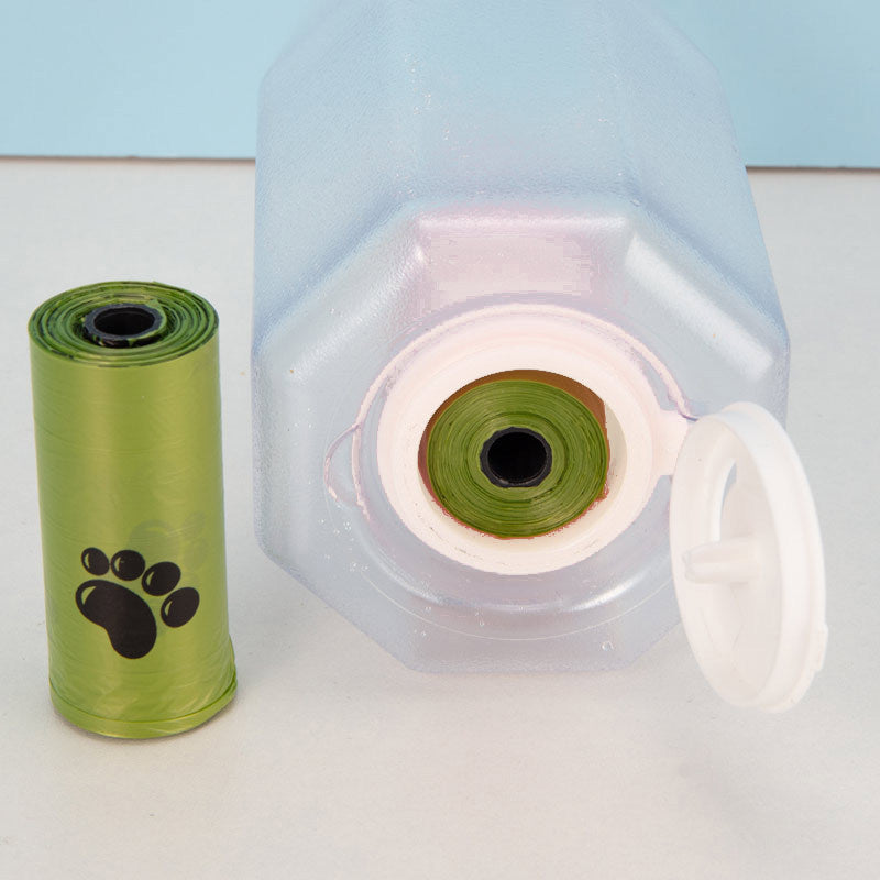 Multi-Functional Portable Pet Water Bottle – 600ml with Food Container & Waste Bag Dispenser