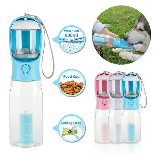 Multi-Functional Portable Pet Water Bottle – 600ml with Food Container & Waste Bag Dispenser