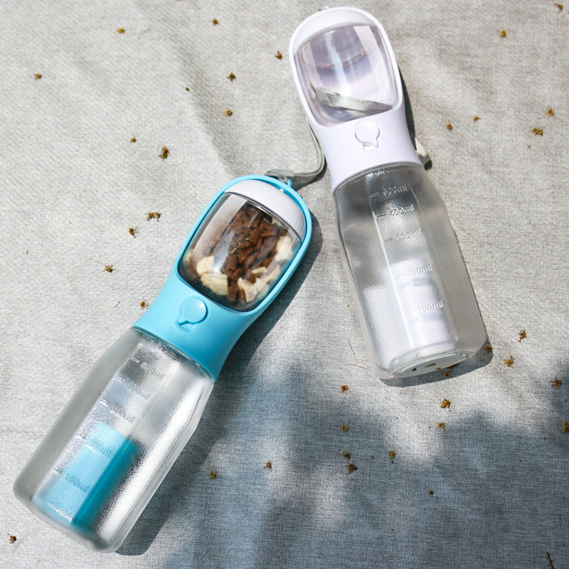 Multi-Functional Portable Pet Water Bottle – 600ml with Food Container & Waste Bag Dispenser