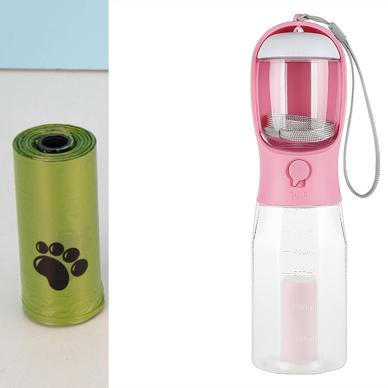 Multi-Functional Portable Pet Water Bottle – 600ml with Food Container & Waste Bag Dispenser