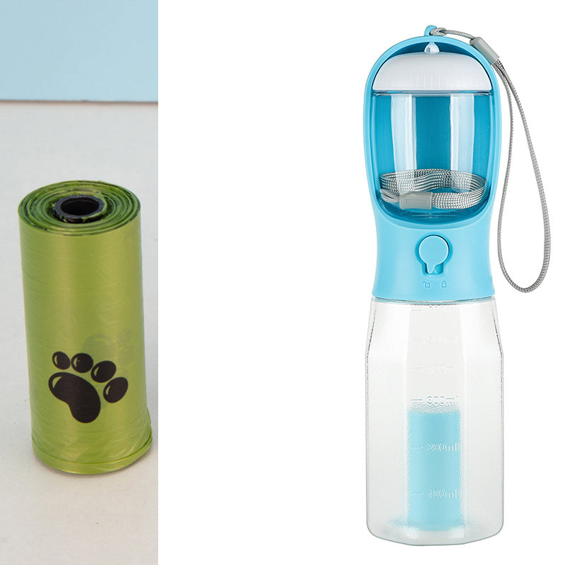 Multi-Functional Portable Pet Water Bottle – 600ml with Food Container & Waste Bag Dispenser