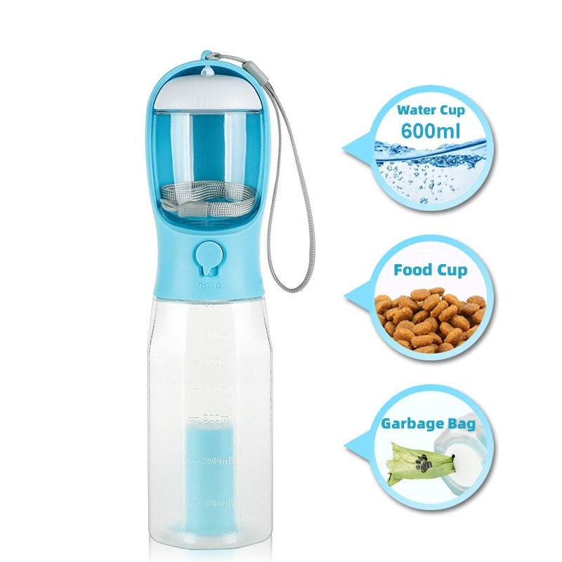 Multi-Functional Portable Pet Water Bottle – 600ml with Food Container & Waste Bag Dispenser